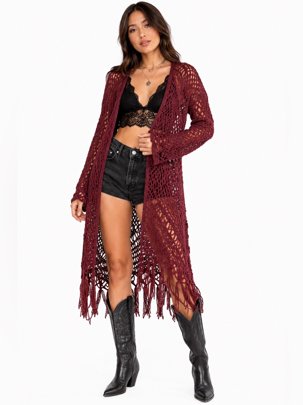 Y2K Vintage Crochet Fringe Festival Longline Cardigan (Burgundy/Wine) Size S